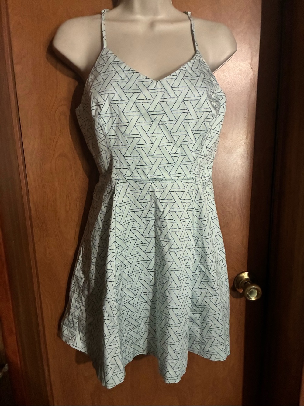Spaghetti Strap A-Line Summer Dress in Light Blue Geometric Print